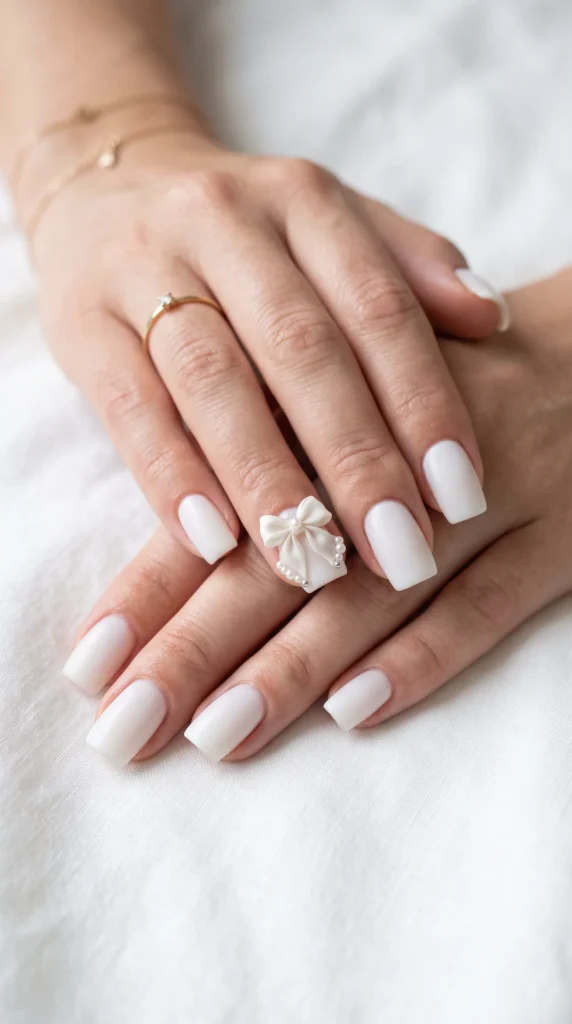 A woman wearing a ring with a bow on her finger.