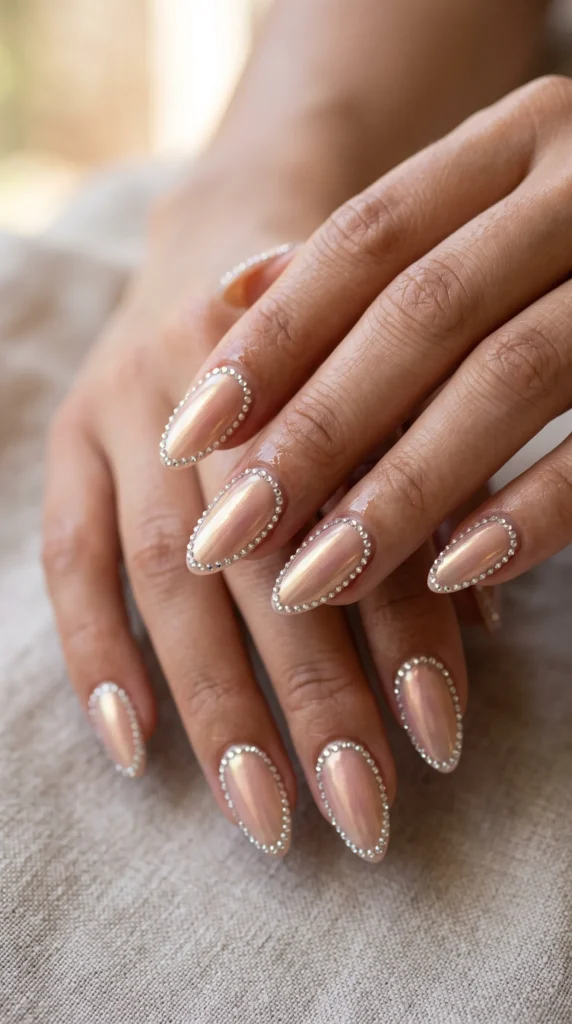 A woman's hand with pink nail polish and rhinestones.