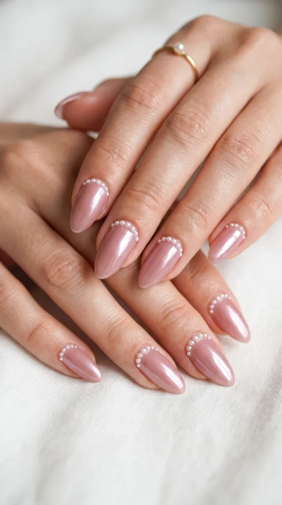 A woman's hand with pink nail polish and white dots.