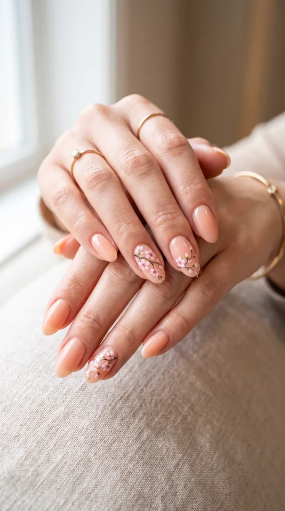 A woman with pink nail polish and a ring on her finger.