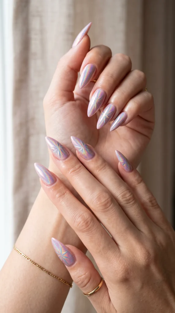 A woman with pink nails and a purple manicure.