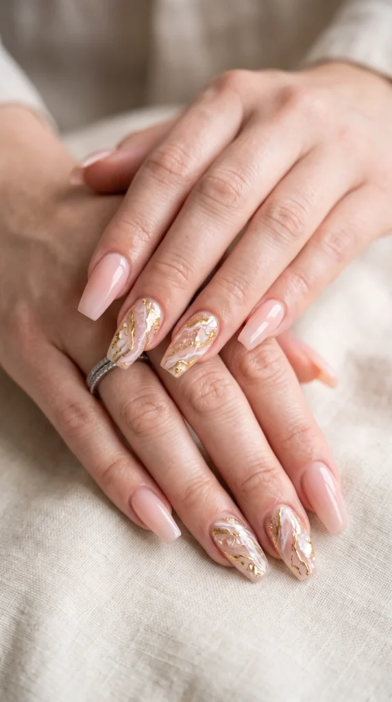 A person's hand with a ring on the finger and a gold and white painted nail.
