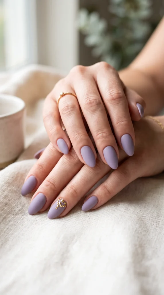 A person with purple nails and a gold ring on their finger.