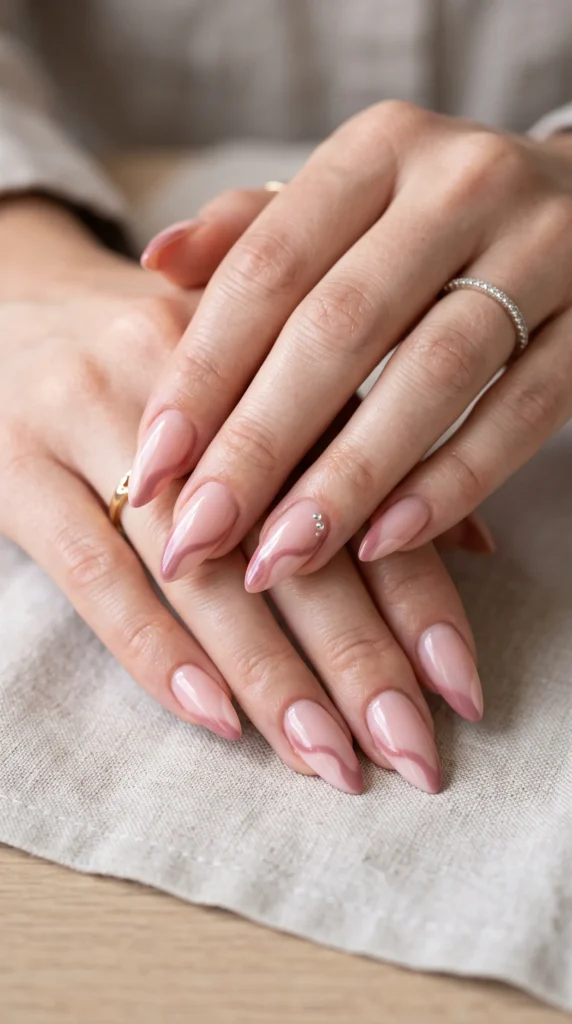 A woman's hand with pink nail polish and a ring on her finger.