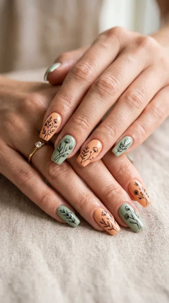 A person with a ring on their finger has painted flowers on their nails.