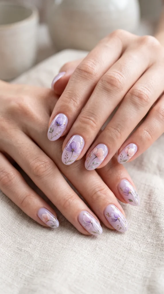 A person's hand with purple nail polish and a flower design.