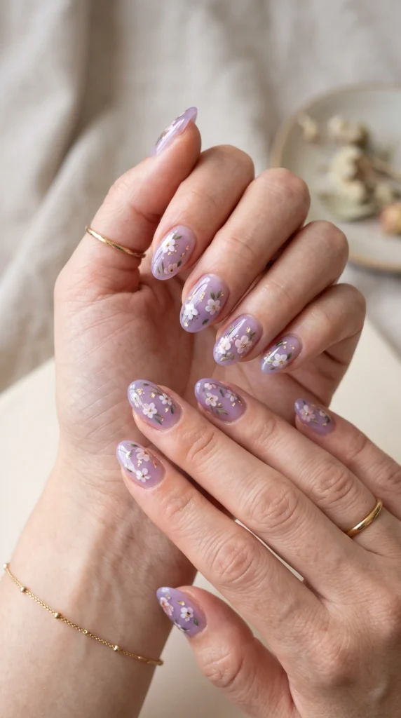A woman with purple nail polish and a gold ring on her finger.