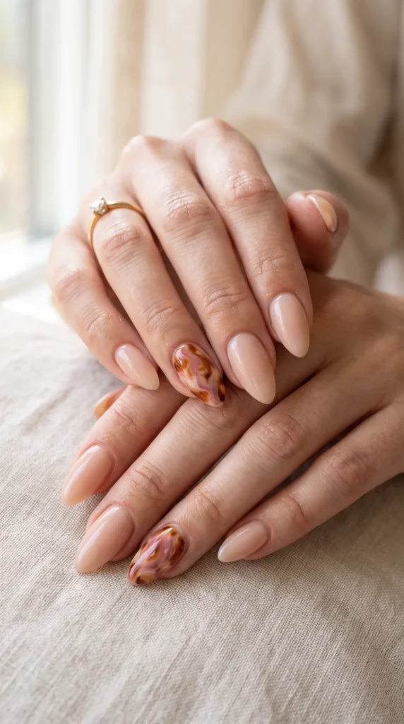 A woman with a ring on her finger has painted her nails with a design.