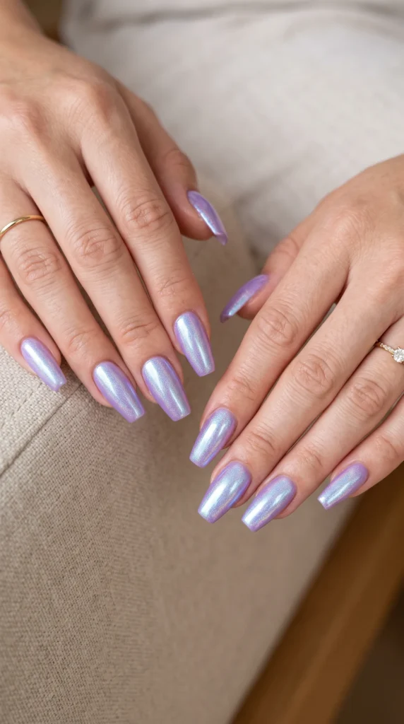 A woman wearing purple nail polish.