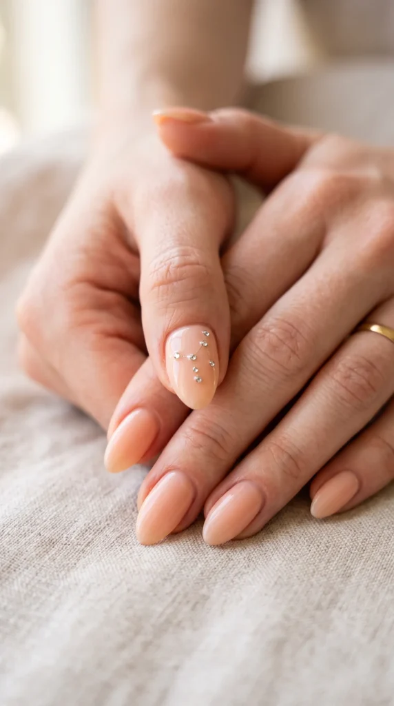 A person's hand with a pink nail and a ring on the finger.