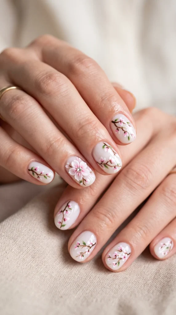 A woman's hand with a pink flower painted on her nail.