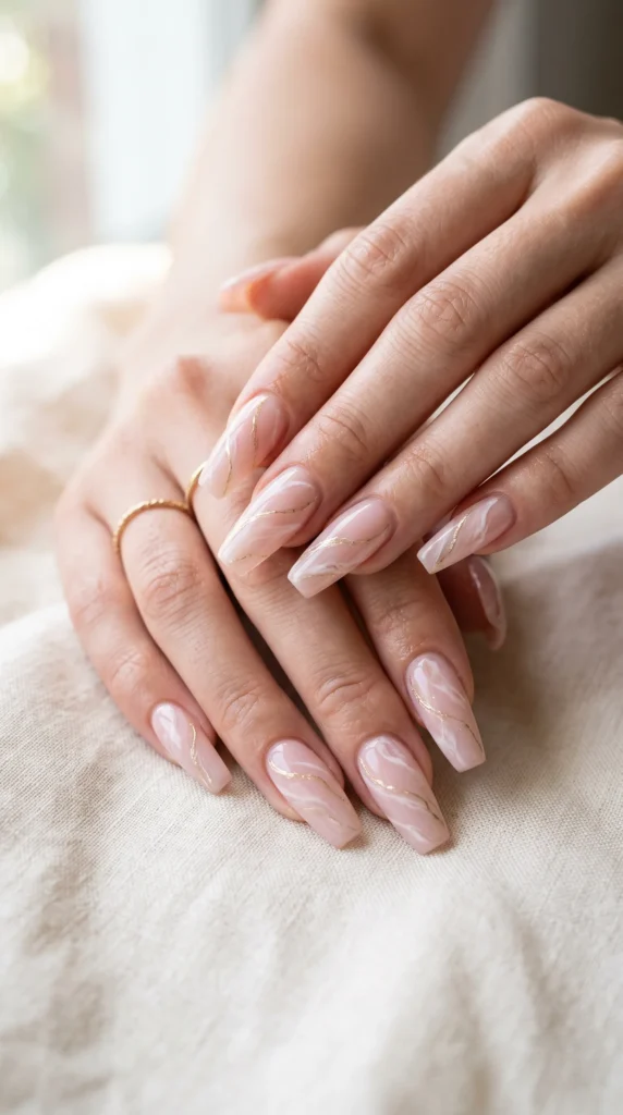A person's hand with pink nail polish and a gold ring.