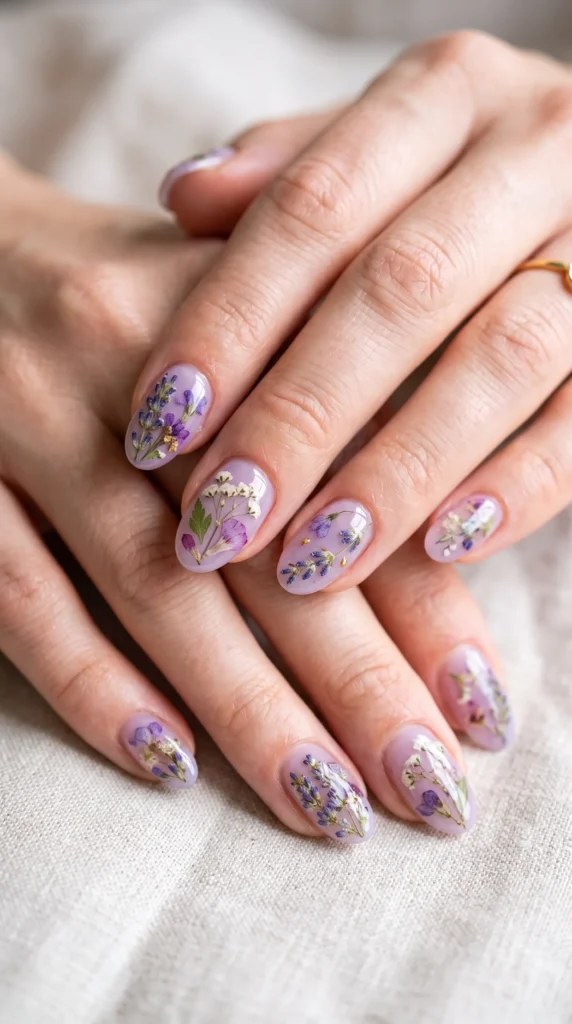 A woman with purple nail polish and a ring on her finger.