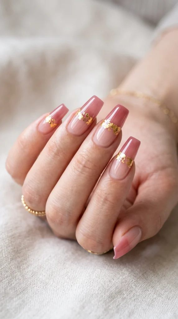 A woman with pink nails and gold accents on her fingernails.