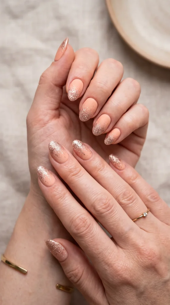 A woman's hand with a ring on her finger and a pink nail polish.