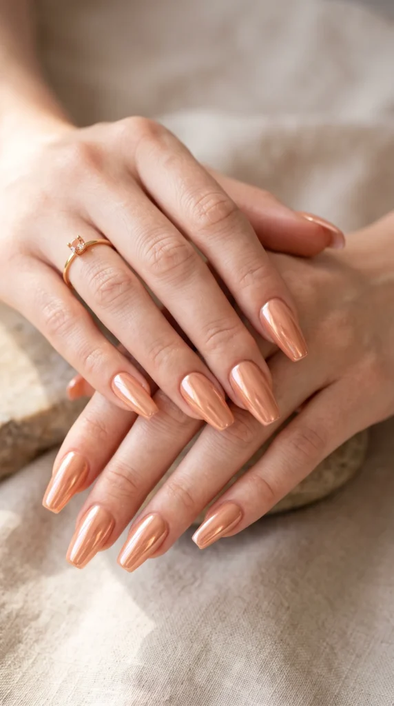 A woman with a ring on her finger and a tan nail polish on her fingernails.