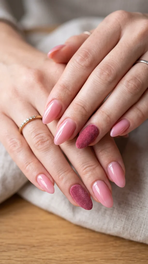 A woman with pink nails and a pink ring on her finger.
