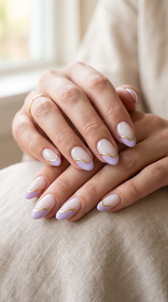 A woman's hand with purple nail polish and gold accents.