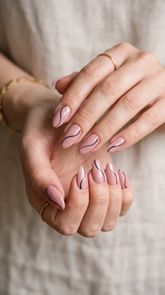 A woman with pink nail polish and black stripes on her nails.