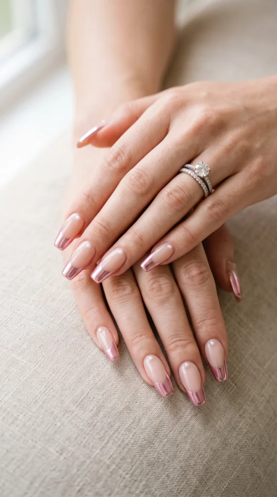 A woman with pink nails and a ring on her finger.