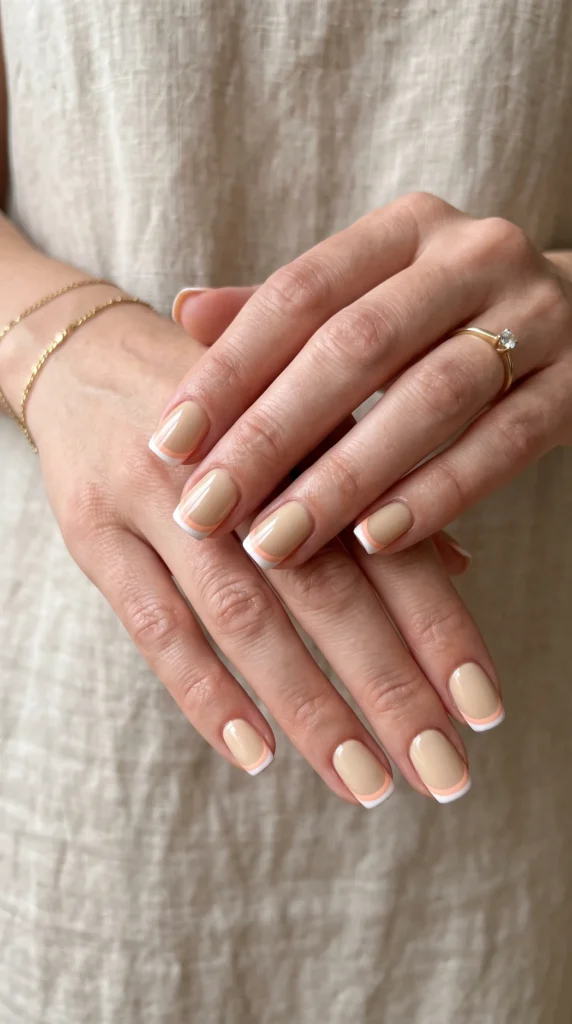 A woman with a gold ring on her finger is wearing a beige nail polish.
