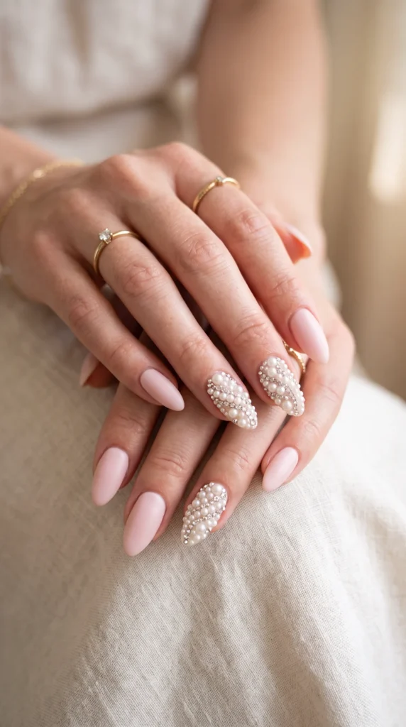 A woman with pink nails and a ring on her finger.
soft girl nails pink lavender peach