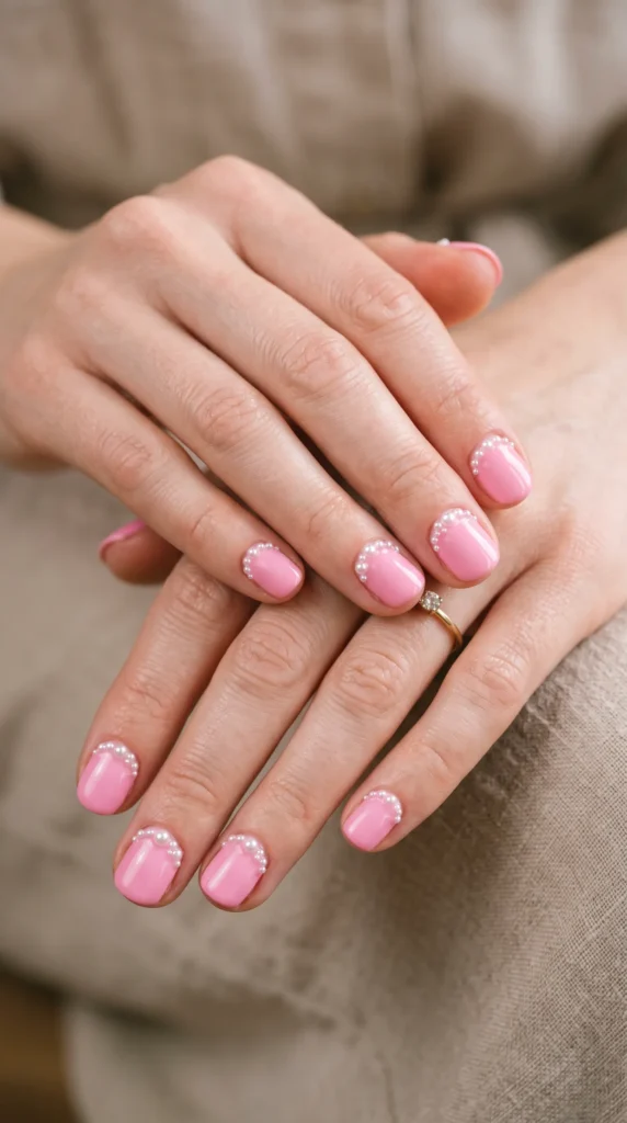 A woman's hand with pink nail polish and white dots.