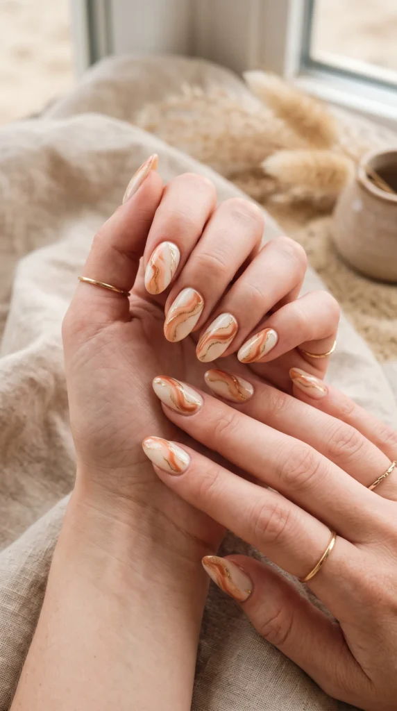 A woman with painted nails and a gold ring on her finger.
soft girl nails pink lavender peach