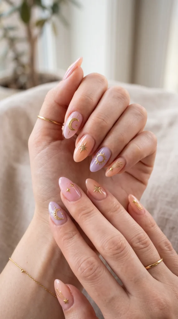 A woman with purple nail polish and a gold ring on her finger.
soft girl nails pink lavender peach