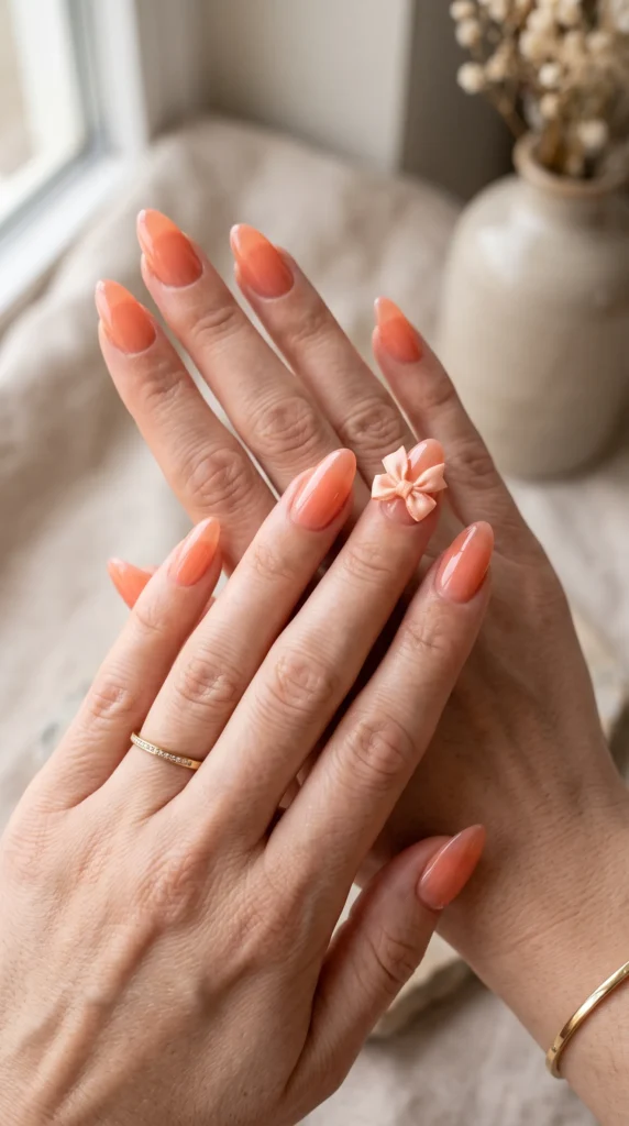 A woman with orange nail polish and a ring on her finger.
