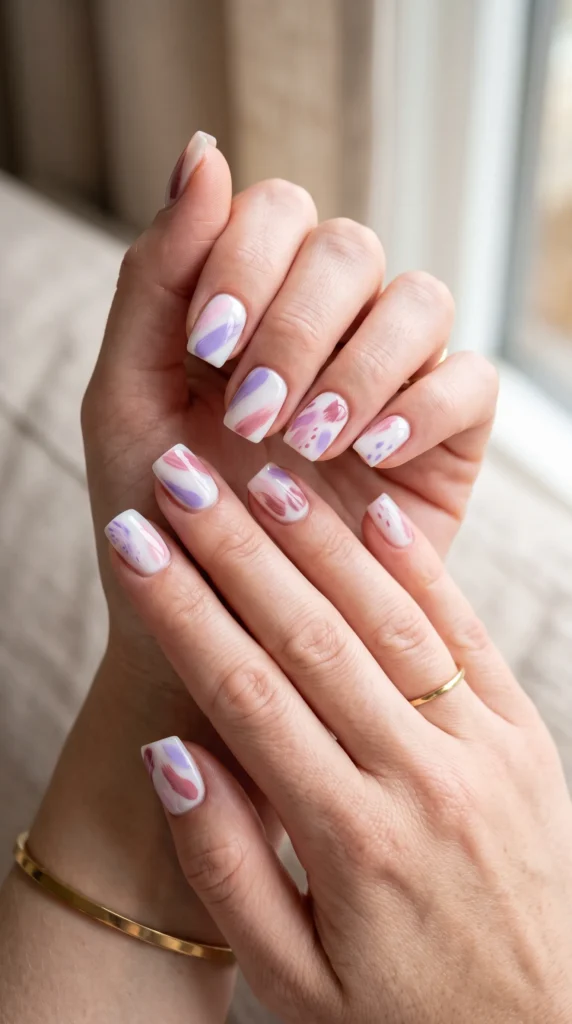 A hand with purple and white nail polish.