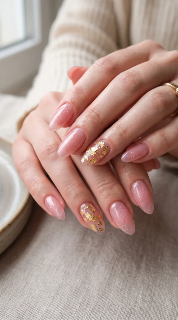A woman with pink nails and gold accents.