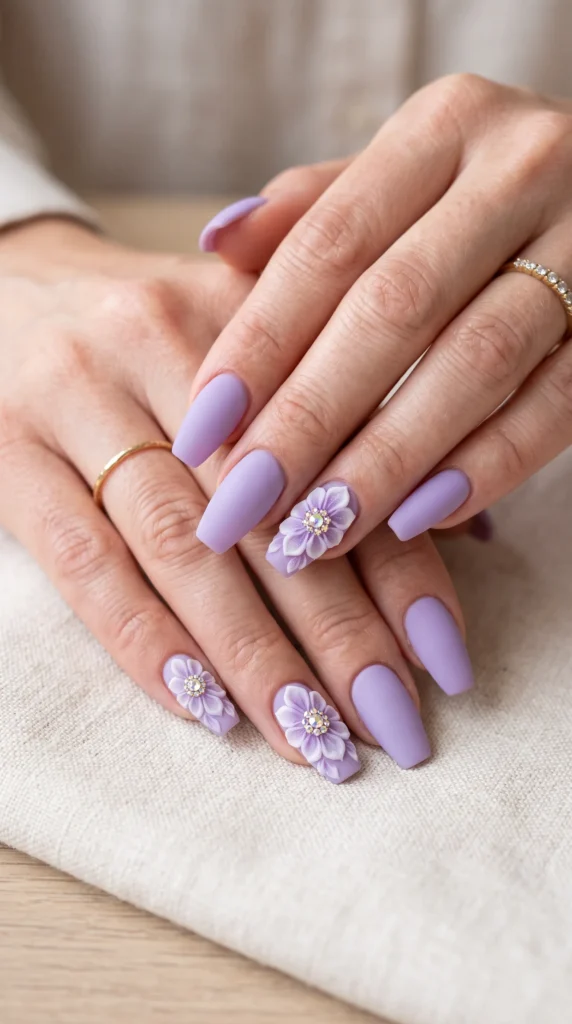 A person with purple nails and a ring on their finger.