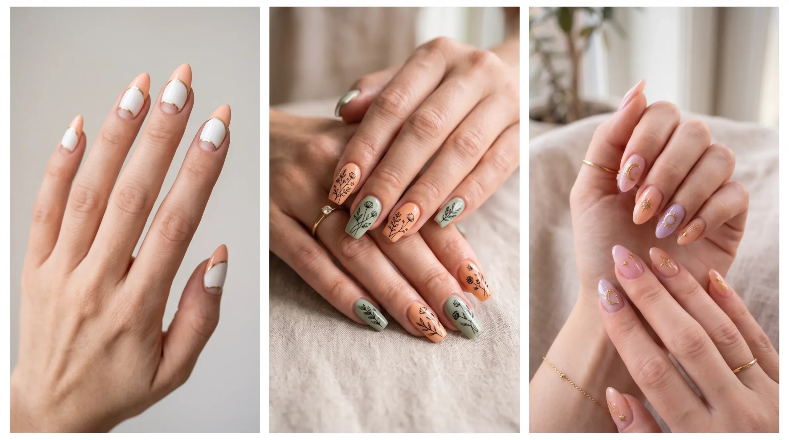 Three pictures of hands with painted nails.