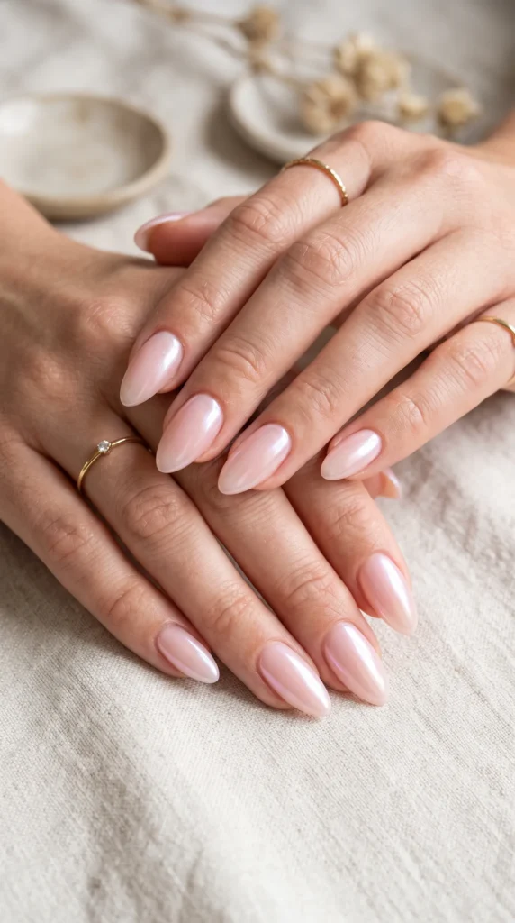 A person's hand with pink nail polish.