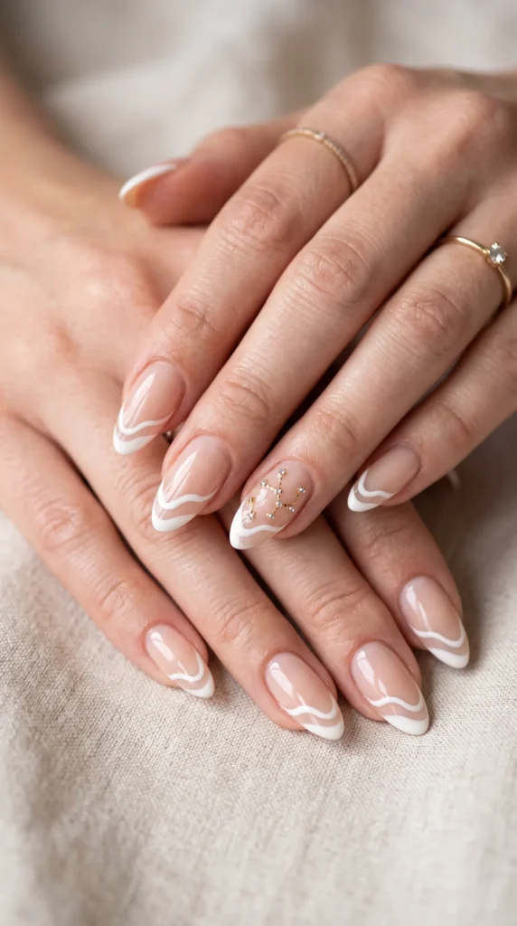 A woman's hand with a gold star nail polish.