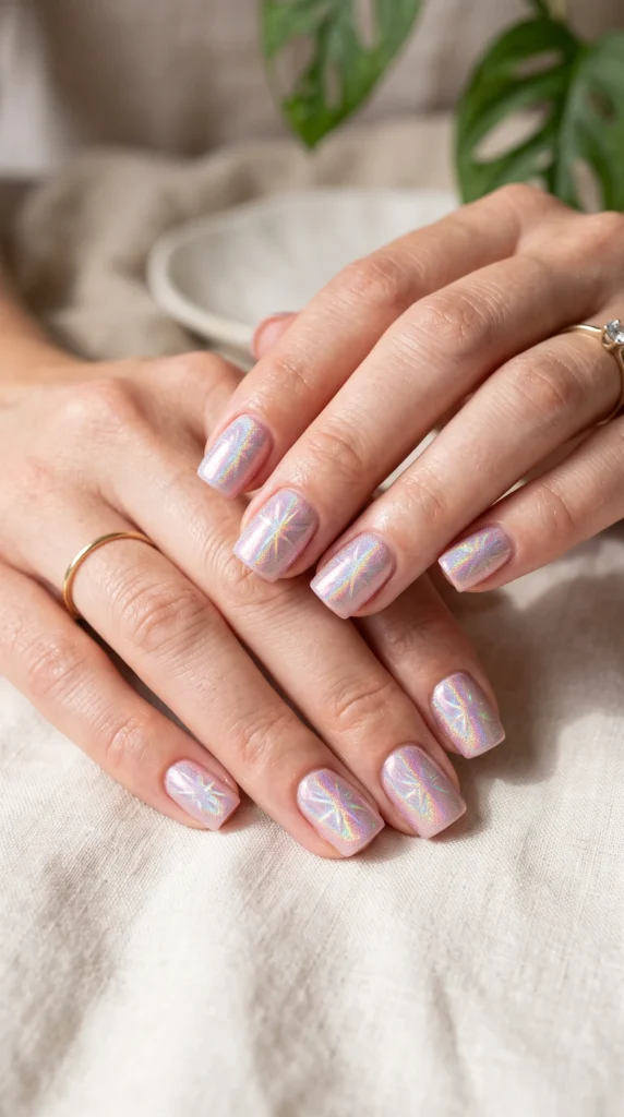 A person's hand with a ring on it and a pink nail polish.