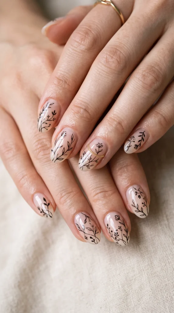 A woman's hand with a flower design on her nails.