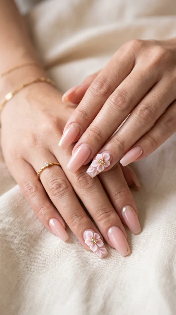 A person with pink nails and a ring on their finger.