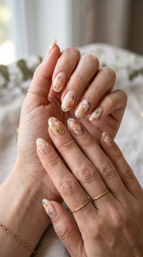 A woman with painted nails and a ring on her finger.