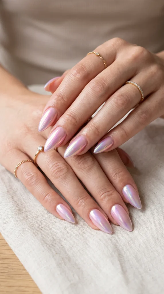 A woman with pink nails and a ring on her finger.