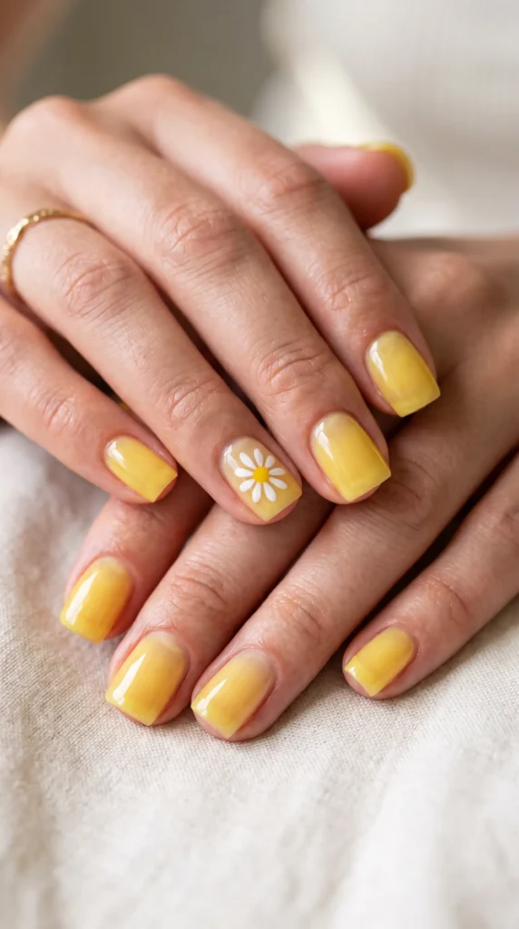 A person's hand with yellow nail polish and a daisy painted on the nail.