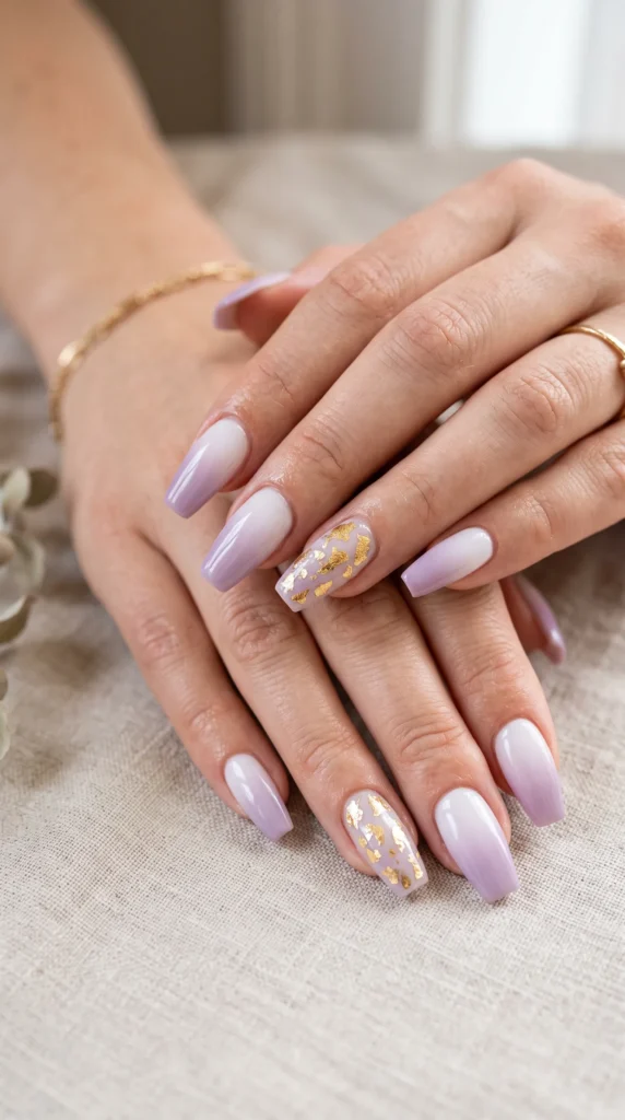 A woman with purple nail polish and gold accents on her fingernails.