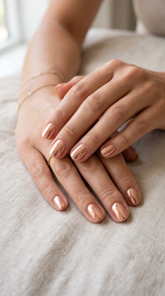 A woman's hand with a gold nail polish on the thumb.