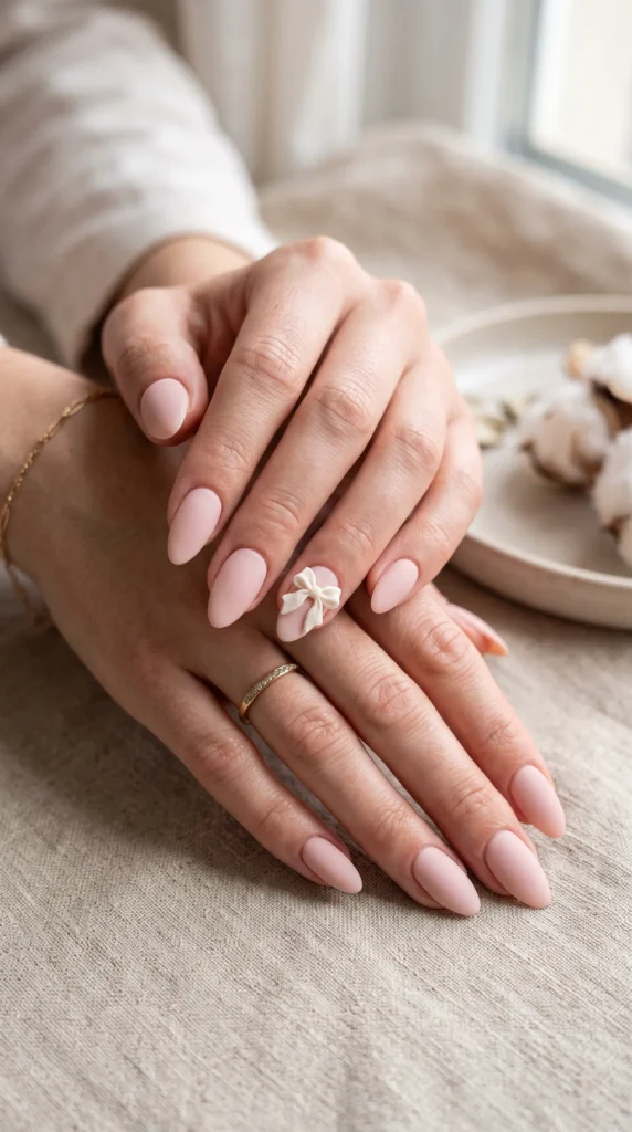 A woman with pink nails and a ring on her finger.