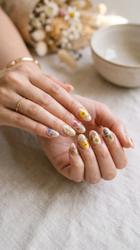 A woman with painted nails and a ring on her finger.