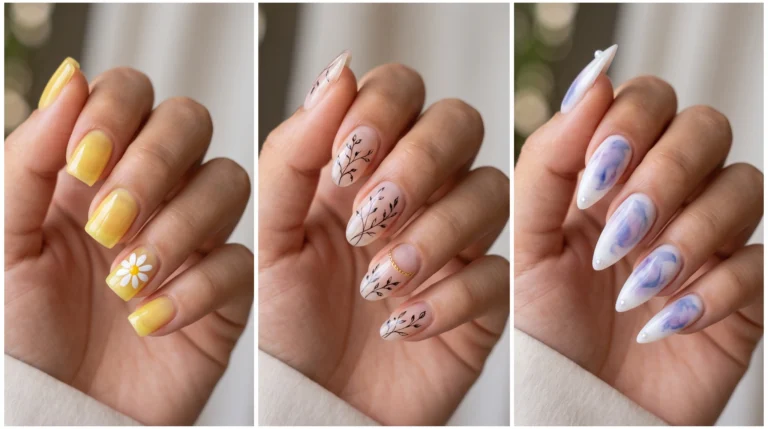 Glazed pink almond nails with cherry blossom watercolor art and gold foil for summer soft girl aesthetic