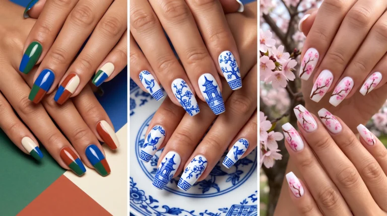 A collage of nail art designs, including blue and white, and a person's hand holding a plate.