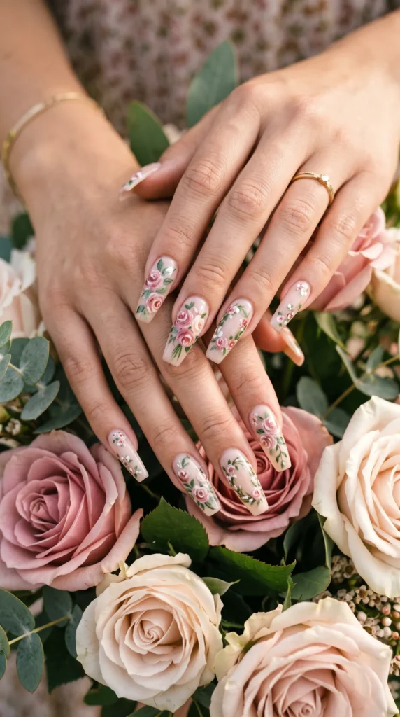 A woman with pink nail polish and a flower design on her nails.
