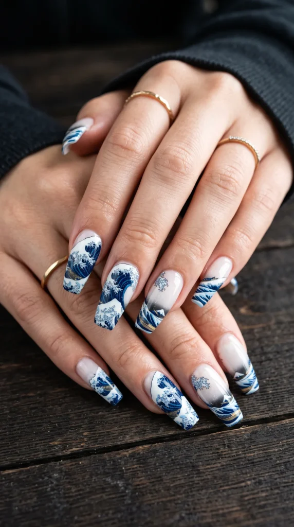 A woman with blue and white nail polish on her fingers.